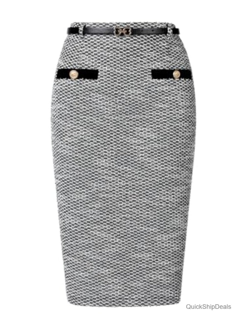 Tweed Midi Pencil Skirt w/ Belt for Work